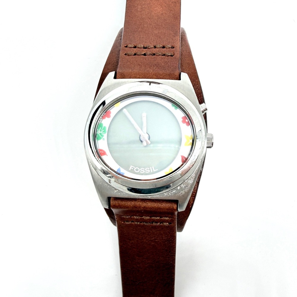 Fossil Watch Women OS Brown Leather Cuff Floral Grey Dial Analog Needs Battery